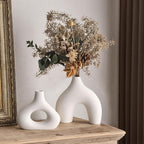 White Ceramic Vase Set of 2, Minimalist Hollow Donut Vases for Pampas Grass, Dried Flowers, Table, Countertops, Boho Modern Decorative Vase for Home Decor, Living Room, Bedroom, Farmhouse