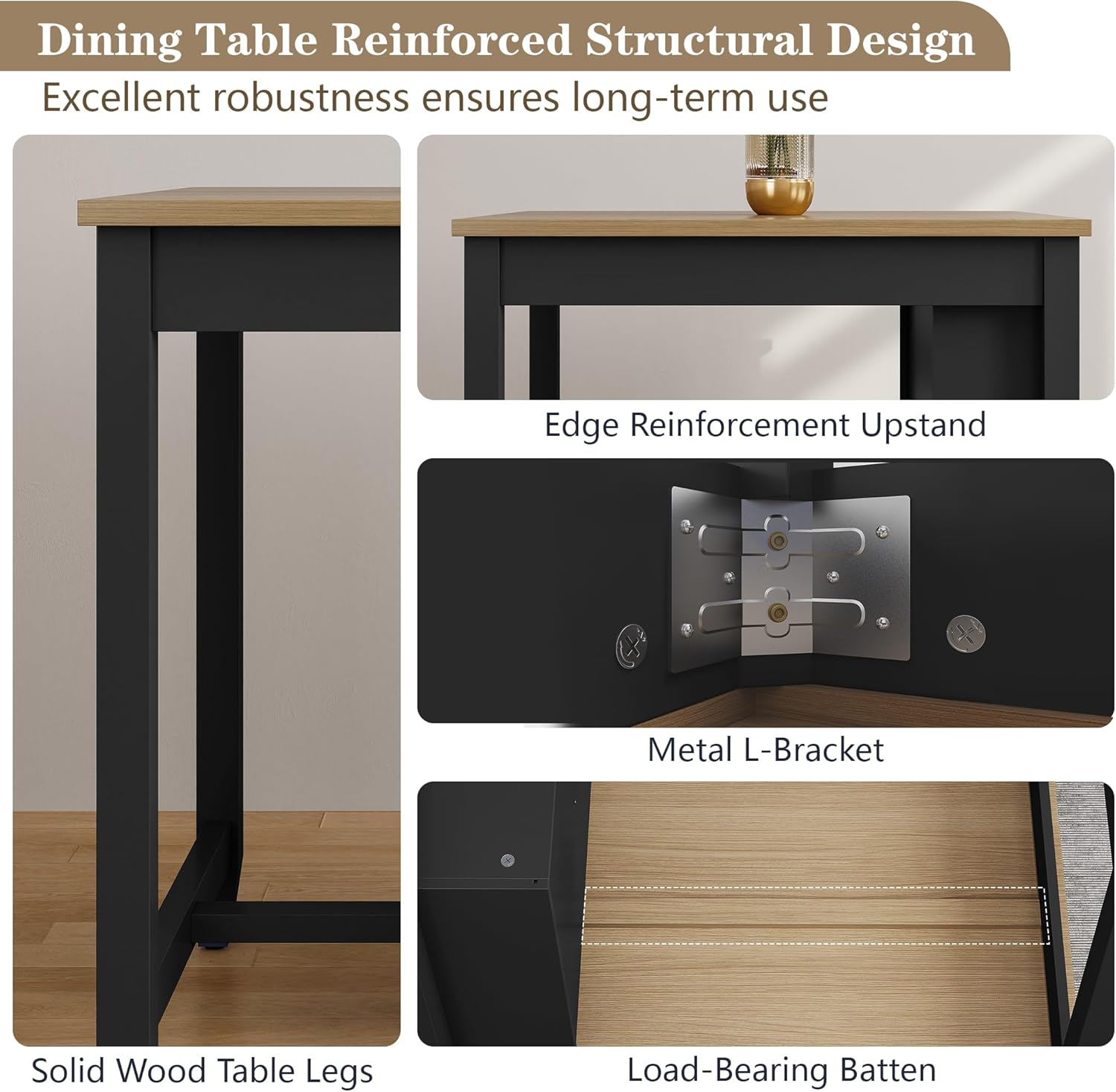 HLR 3-Piece Dining Table Set for 2 Person, Small Farmhouse Kitchen Table with 2 Bar Stools, Wood Dinner Table with Storage Shelves for Dining Room, Apartment, Small Space, Breakfast Nook, Black