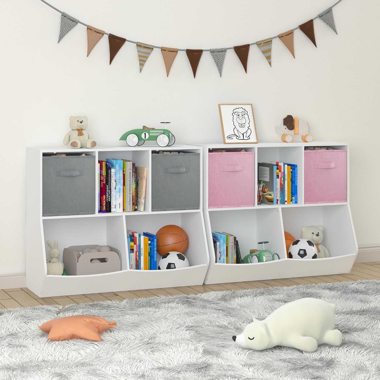 Bookcase with Collapsible Fabric Drawers, Toy Storage Cabinet for Playroom, Bedroom, Nursery, School, White,Pink
