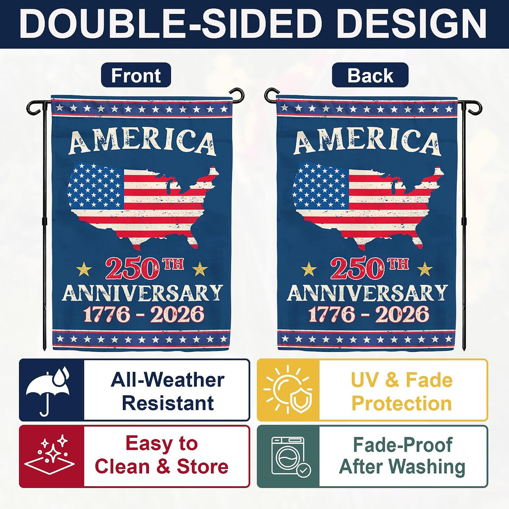 250th Anniversary America USA Garden Flag for Outside, USA Map 250 Years of Freedom 1776-2026 Patriotic Double-Sided Waterproof Yard Flag 12x18 Inch for 4th of July Memorial Day Outdoor Deco