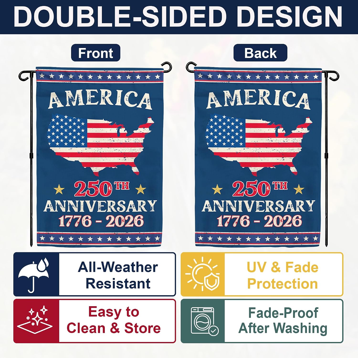 250th Anniversary America USA Garden Flag for Outside, USA Map 250 Years of Freedom 1776-2026 Patriotic Double-Sided Waterproof Yard Flag 12x18 Inch for 4th of July Memorial Day Outdoor Deco