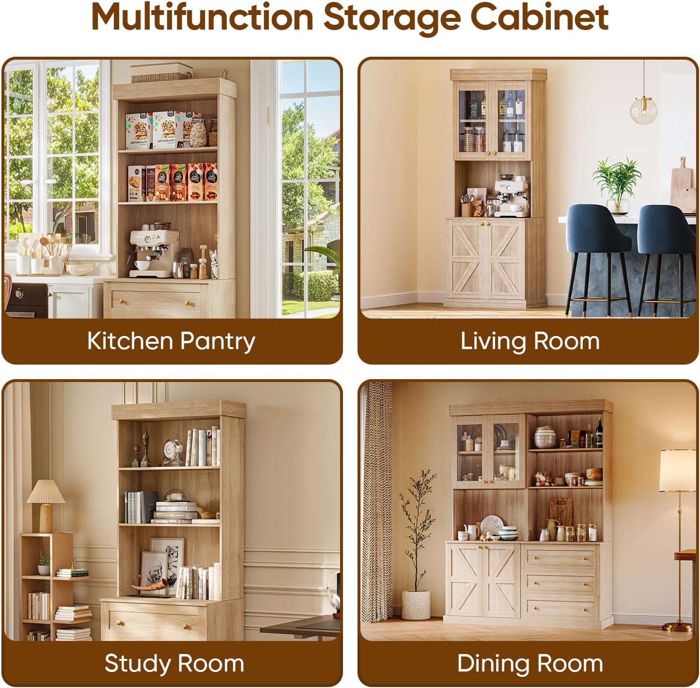 ivaniti 71" Tall Farmhouse Kitchen Pantry, Large Storage Cabinet with Glass Doors, Freestanding Coffee Bar Hutch with Microwave Stand, Adjustable Shelves for Kitchen, Living Room, Brown 4 Pcs
