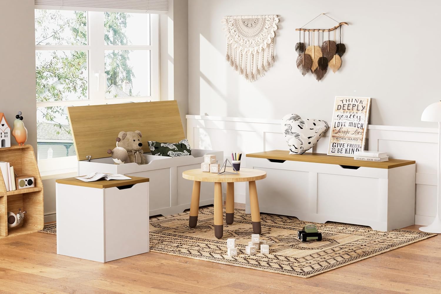 L-Shape Storage Bench with Cushion, 3-Pcs Large Capacity Entryway Chest Corner Seating Bench, Modern Modular Organizer Box for Kitchen, Living Room, Dining Room, Bedroom (White & Wood)