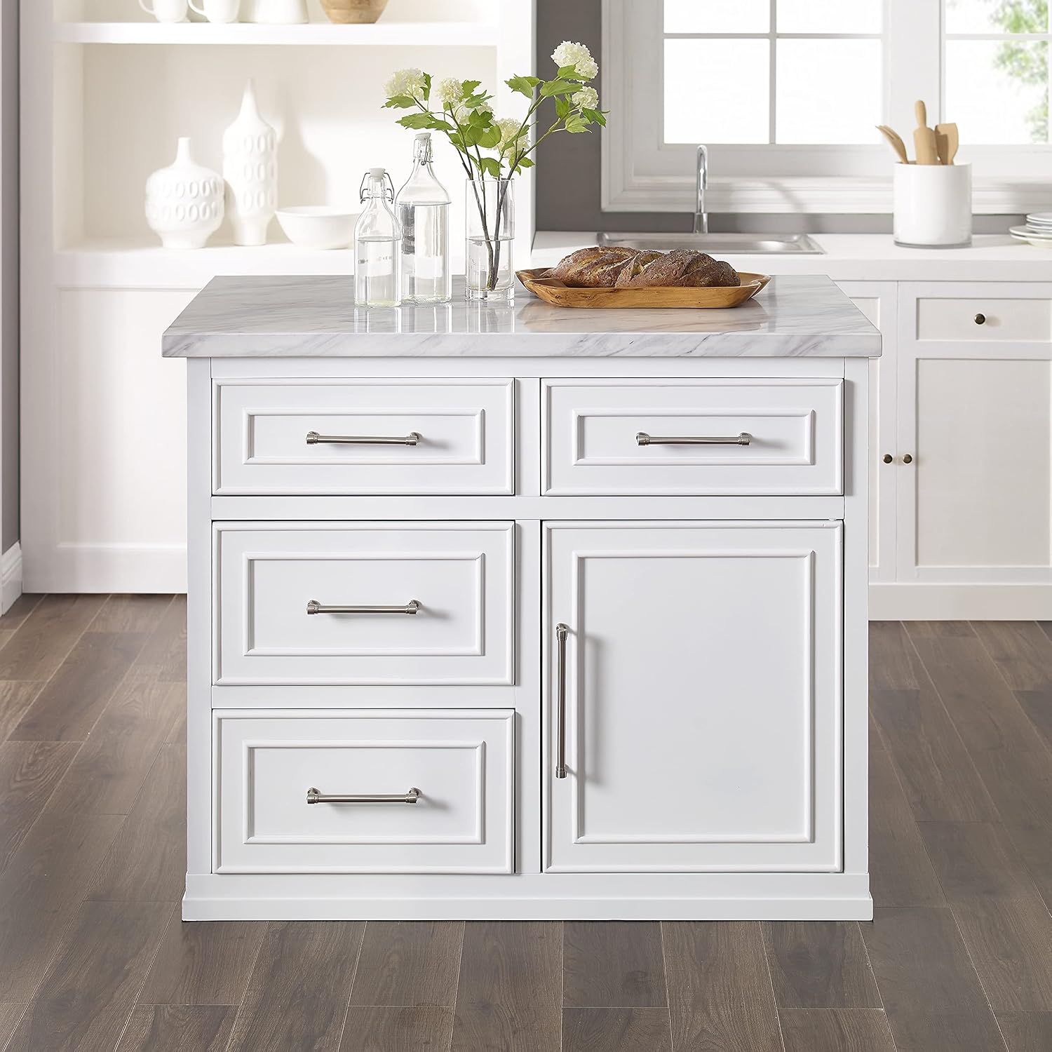 Crosley Furniture Cutler Faux Marble Top Kitchen Island with Storage, Breakfast Bar, Microwave Stand, White