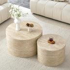 LKTART Round Nesting Coffee Table Set of 2， Modern Small Circle Coffee Table Travertine Side Table End Table Circular Coffee Tables Drum Nested Coffee Tables for Living Room