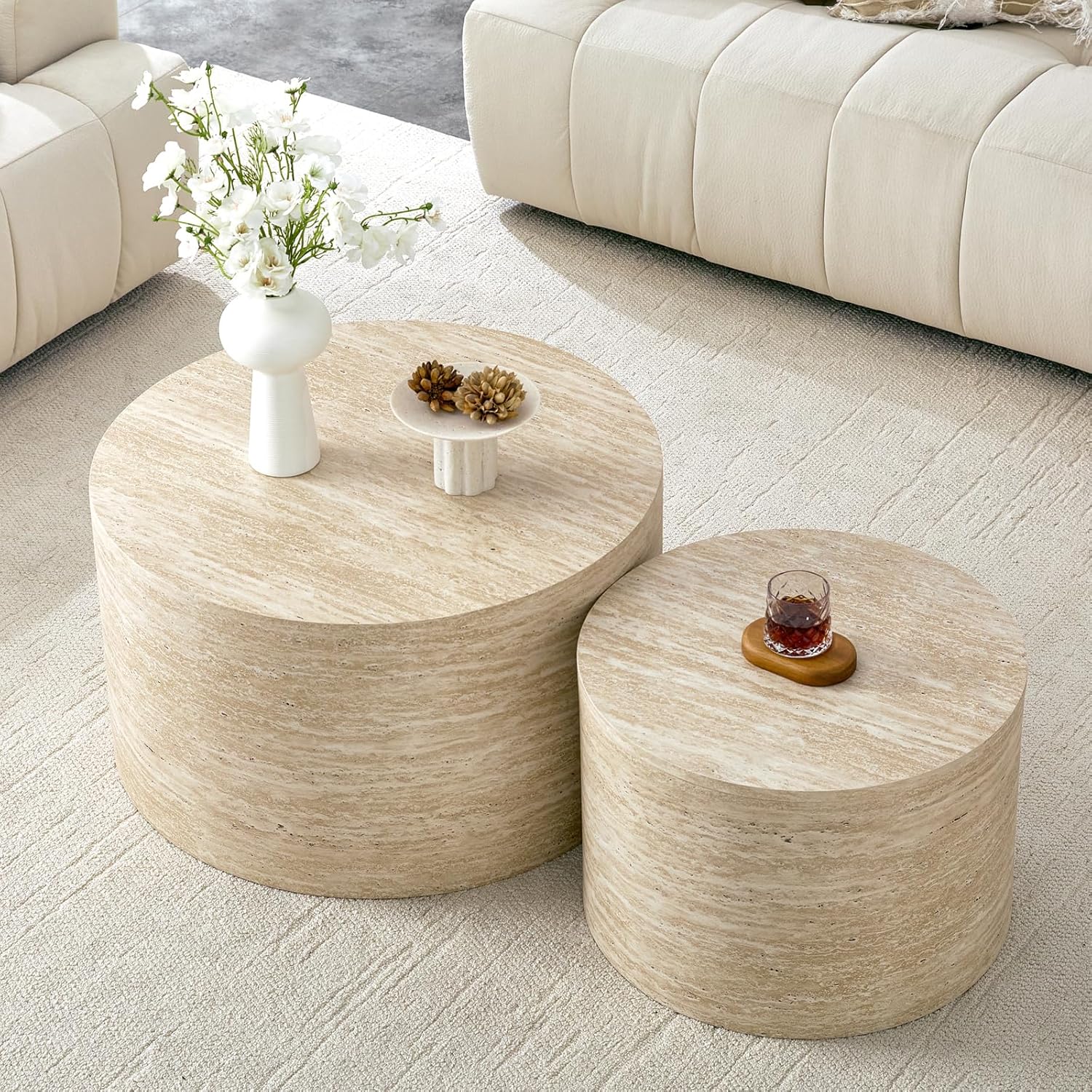 LKTART Round Nesting Coffee Table Set of 2， Modern Small Circle Coffee Table Travertine Side Table End Table Circular Coffee Tables Drum Nested Coffee Tables for Living Room
