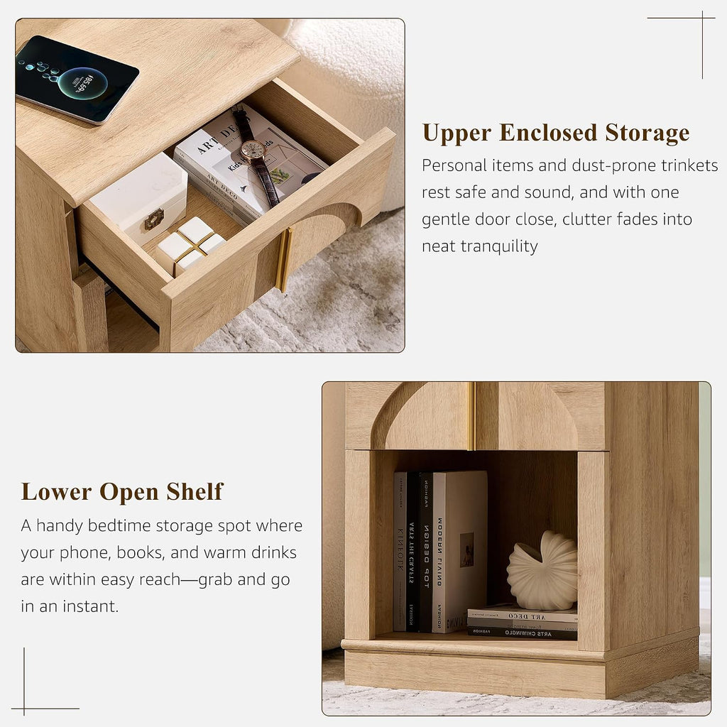 ACCOHOHO 18" Nightstand Set of 2 with Arched Panel,Natural Oak | Bedside Table & Side End Table with Charging Station, Drawer Storage, and Open Shelf for Bedroom & Living Room