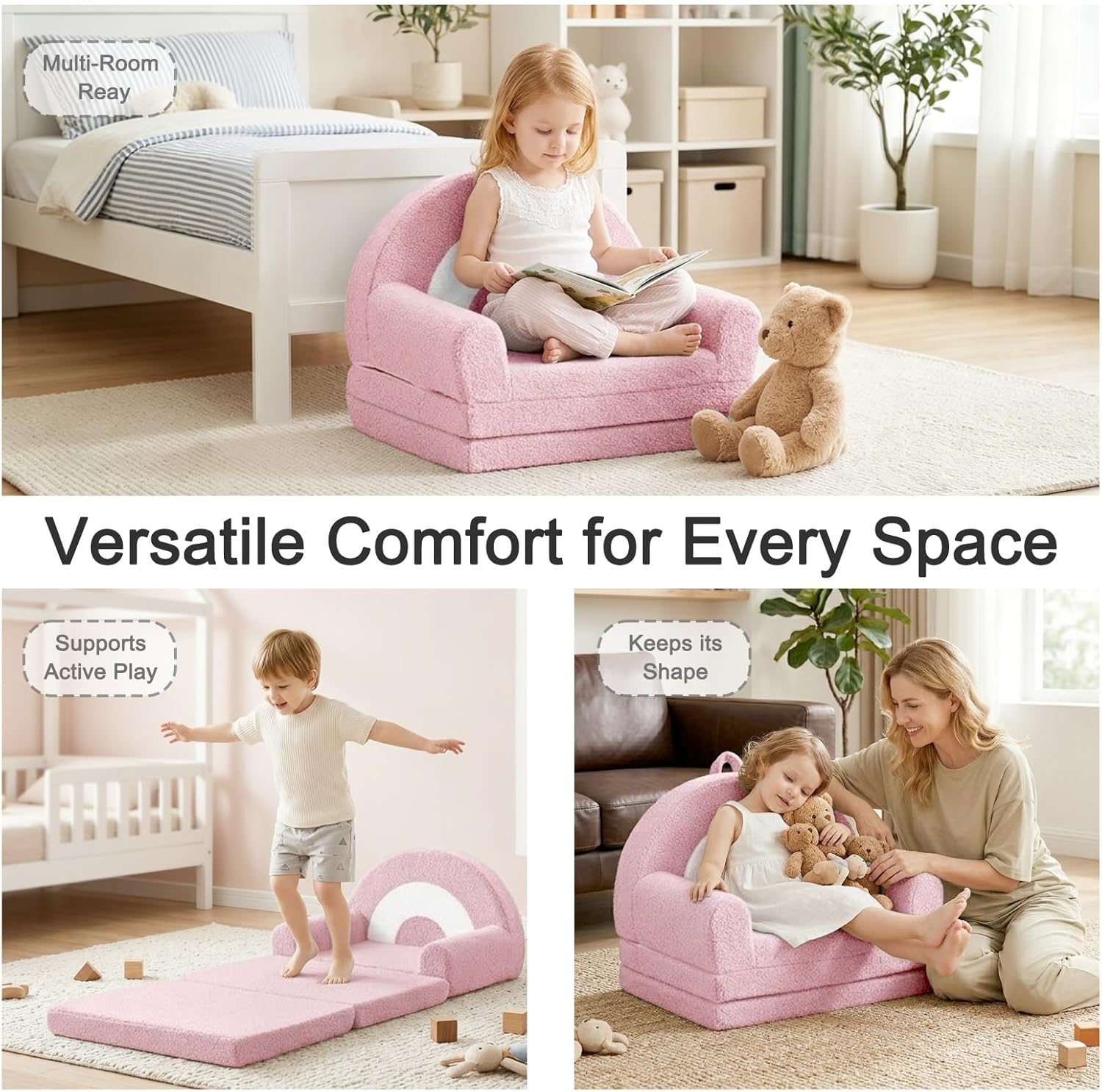 Rainbow Kids Couch, 2-in-1 Fold Out Toddler Couch Sofa, Soft Fleece Kids Chair, Convertible Sofa to Lounger for Girls Boys Bedroom, Playroom, Reading Nook, Pink