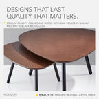 Adesso Set of Two Nesting Coffee Tables – Walnut Oak Veneer and Matte Black Metal Legs – Versatile Modern Accent Tables for Living Rooms, Apartments & Contemporary Homes