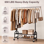 Heavy Duty Clothes Rack, Rolling Clothing Rack Load 650 LBS for Hanging Clothes with 2 Sturdy Shelves, Metal Garment Rack with Wheels for Bedroom, Retail Store, Silver-Black, Large