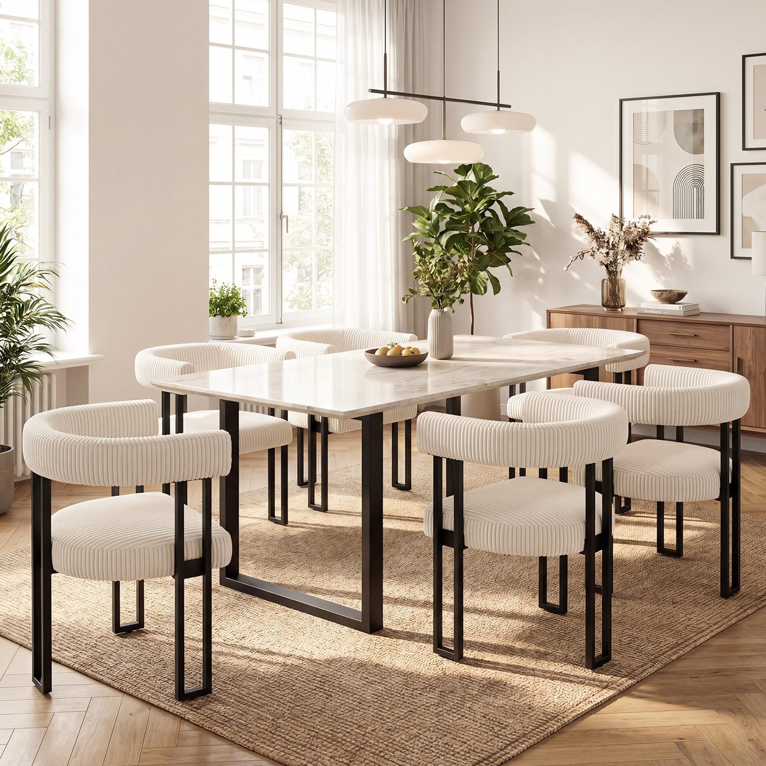 Modern Corduroy Dining Chairs Set of 6 with Metal Legs,Comfy Accent Dining Room Chairs Upholstered Kitchen Side Chairs with Curved Backrest for Dining Room Kitchen Living Room (White,6)