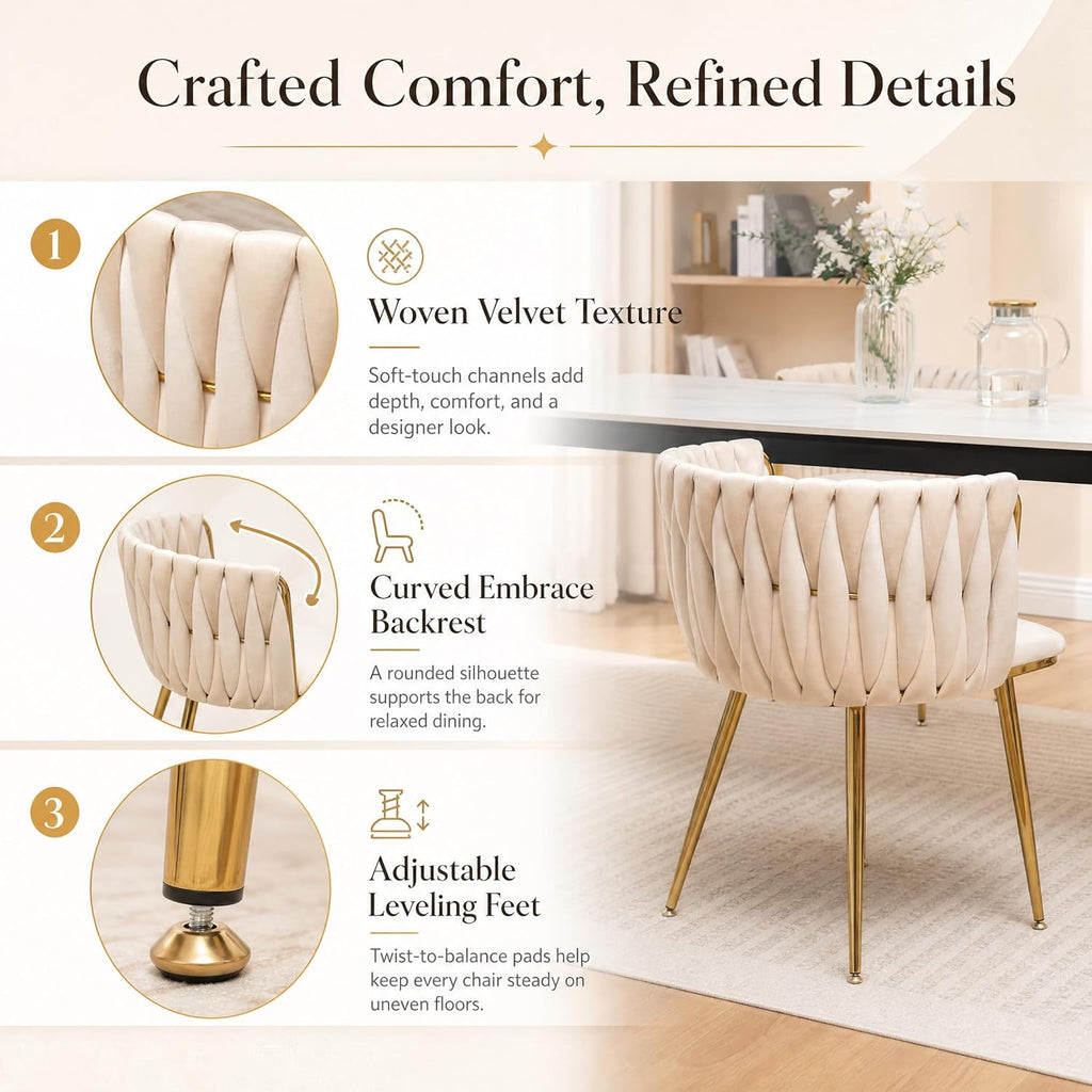 Dining Chairs Set of 6 Upholstered Dining Room Chairs Comfy Velvet Accent Chairs with Gold Metal Legs and Woven Back for Dining Room Kitchen Living Room (Beige)