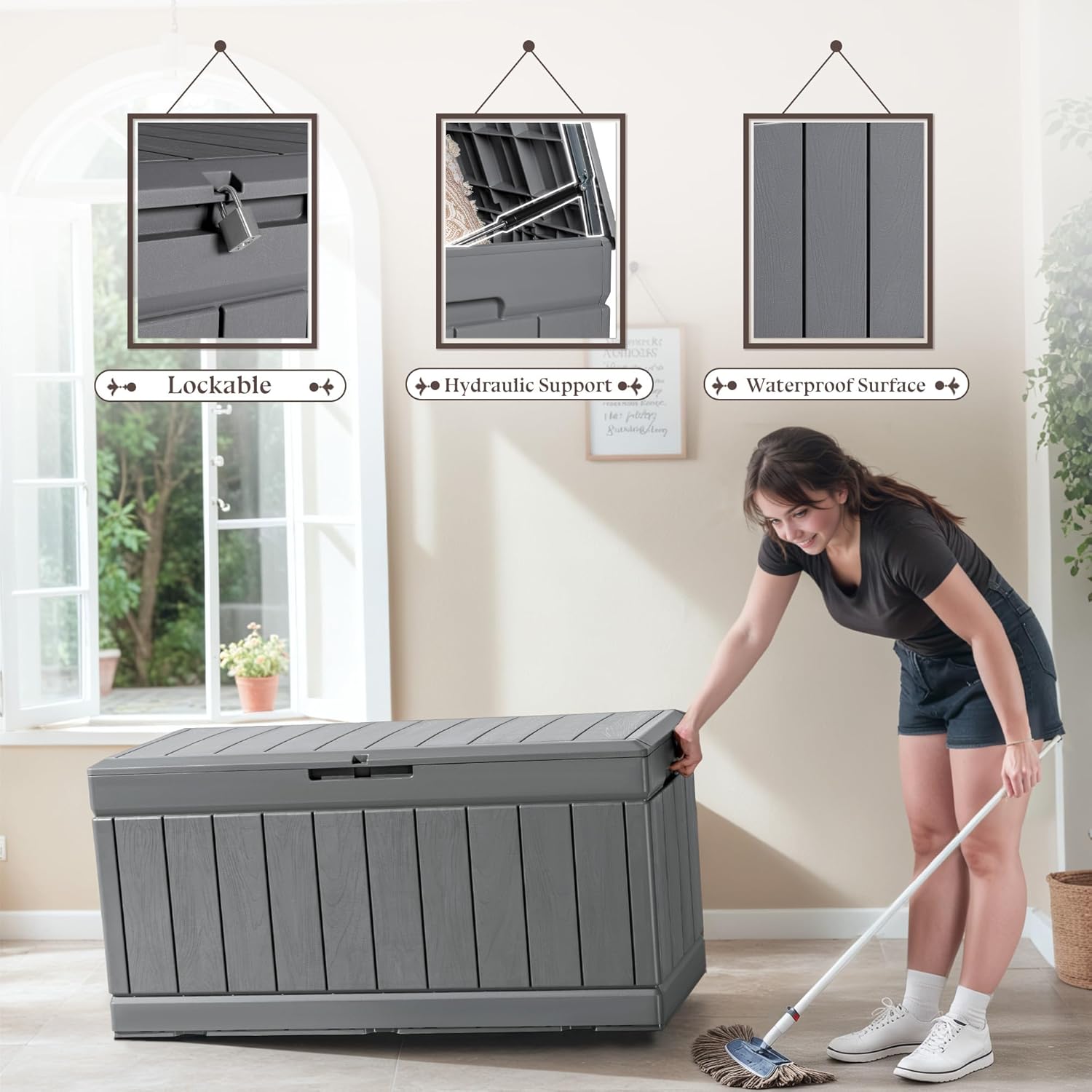 YESHOMY Storage Chest, Entryway Resin Shoe Bench, Toy Box with Hydraulic Bracket Flip Lid, Side Holder, Supports 450 lbs for Bedroom, Living Room, Lockable, Gray