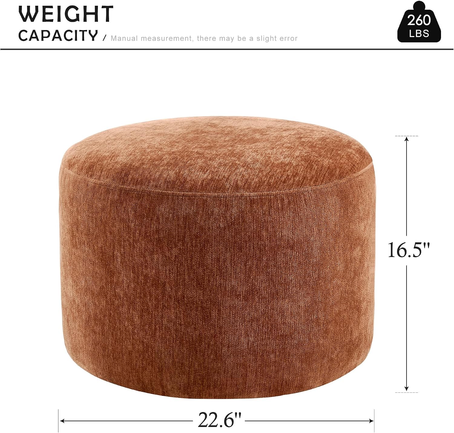 Upholstered Round Ottoman, Modern Small Footstool with Soft Padded Seat & Solid Wood Frame, Multifunctional Vanity Stool Accent Seat for Living Room, Bedroom, Entryway, Orange-Brown Chenille