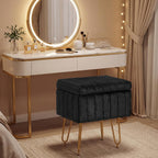DUMOS Vanity Stool Chair with Storage, Small Ottoman Faux Fur Soft Padded Footstools Seat with 4 Metal Legs Anti-Slip Adjustable Feet Modern Footrest for Home Entryway Bedroom Makeup Black