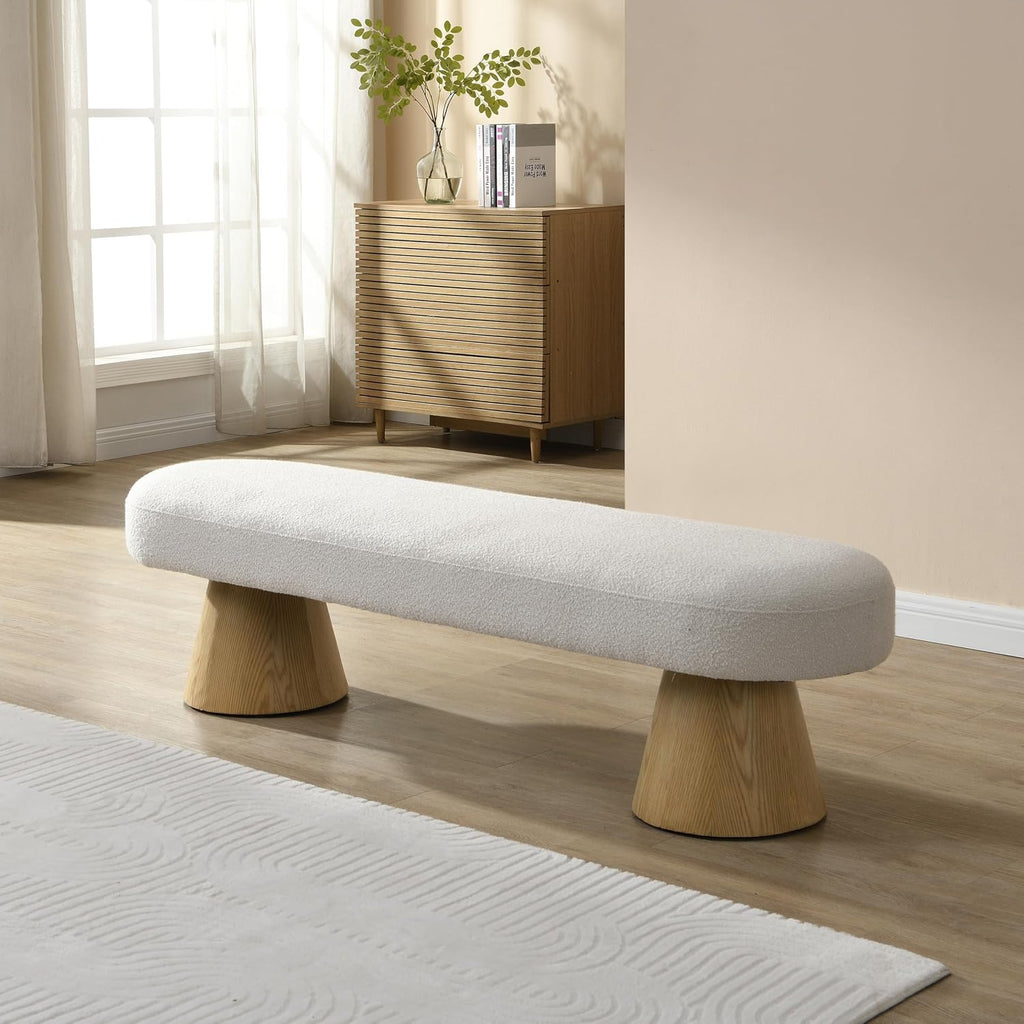 64" L Upholstered Dining Bench with Boucle Fabric and Wood Legs, 300 lb Weight Capacity, Entryway Bench for Dining Room, Bedroom End of Bed, Living Room (Beige)