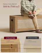 VASAGLE ELLAN Collection - Boho Storage Bench with Rattan Look, Storage Chest with Rounded Corners, Blanket Chest and Trunk with Seat for Bedroom Entryway, Natural Brown ULSB503KC01