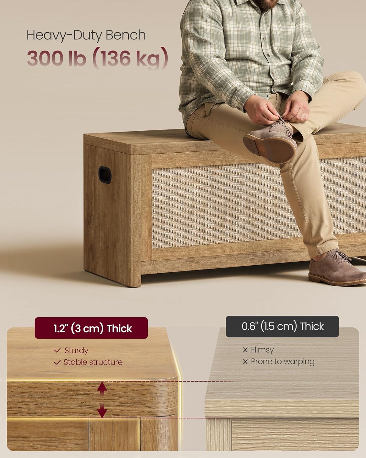 VASAGLE ELLAN Collection - Boho Storage Bench with Rattan Look, Storage Chest with Rounded Corners, Blanket Chest and Trunk with Seat for Bedroom Entryway, Natural Brown ULSB503KC01