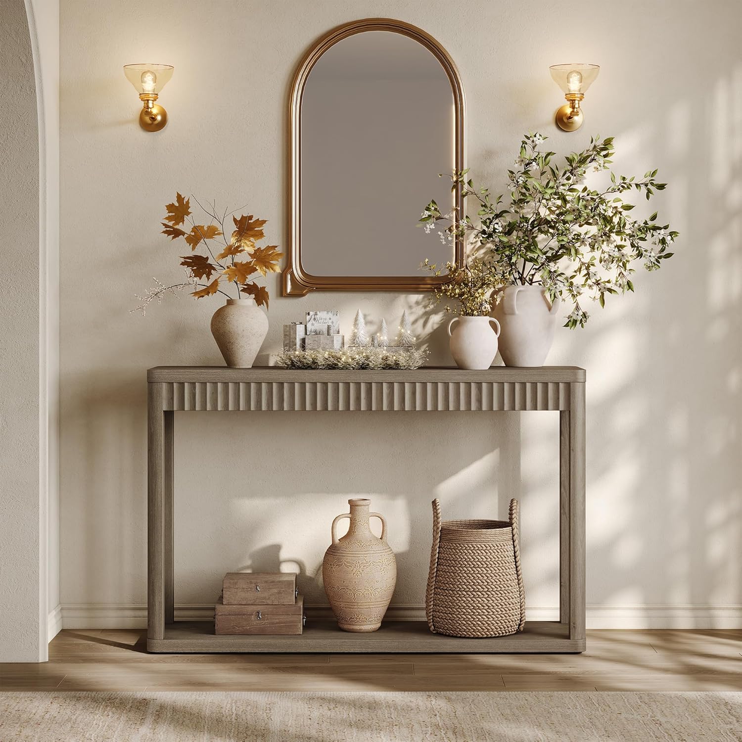 SICOTAS Entryway Table with Storage Shelf, Modern Console Table, Fluted Narrow Entry Table 94.64" Entry Way Table, Wooden Couch Table Behind Sofa for Living Room Hallway Entrance Foyer, Grey Alder