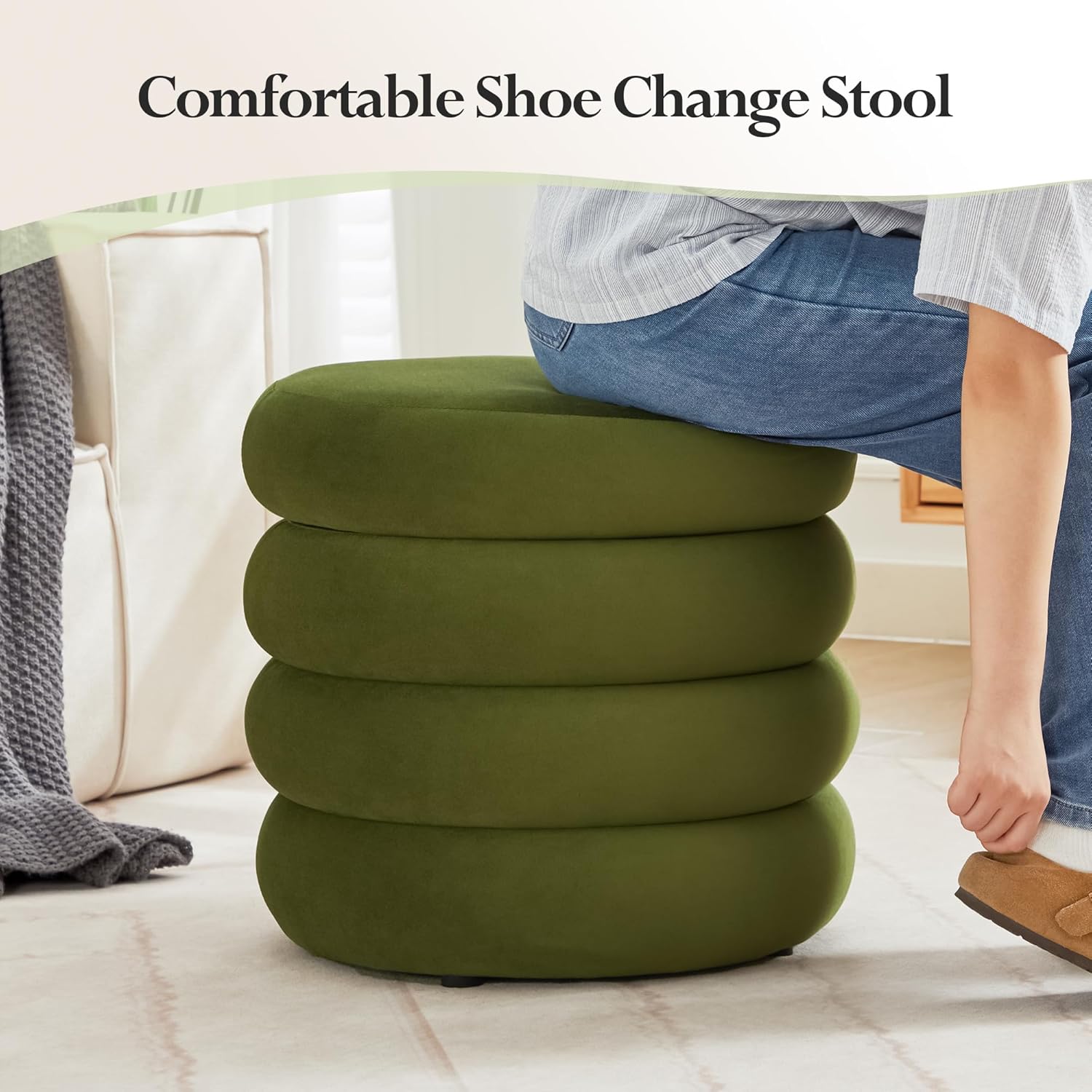 19.5 Inch Round Storage Ottoman, Modern Velvet Ottoman Coffee Table with Removable Top, Green Vanity Stool with Storage for Bedroom, Living Room, Dorm, Set of 2