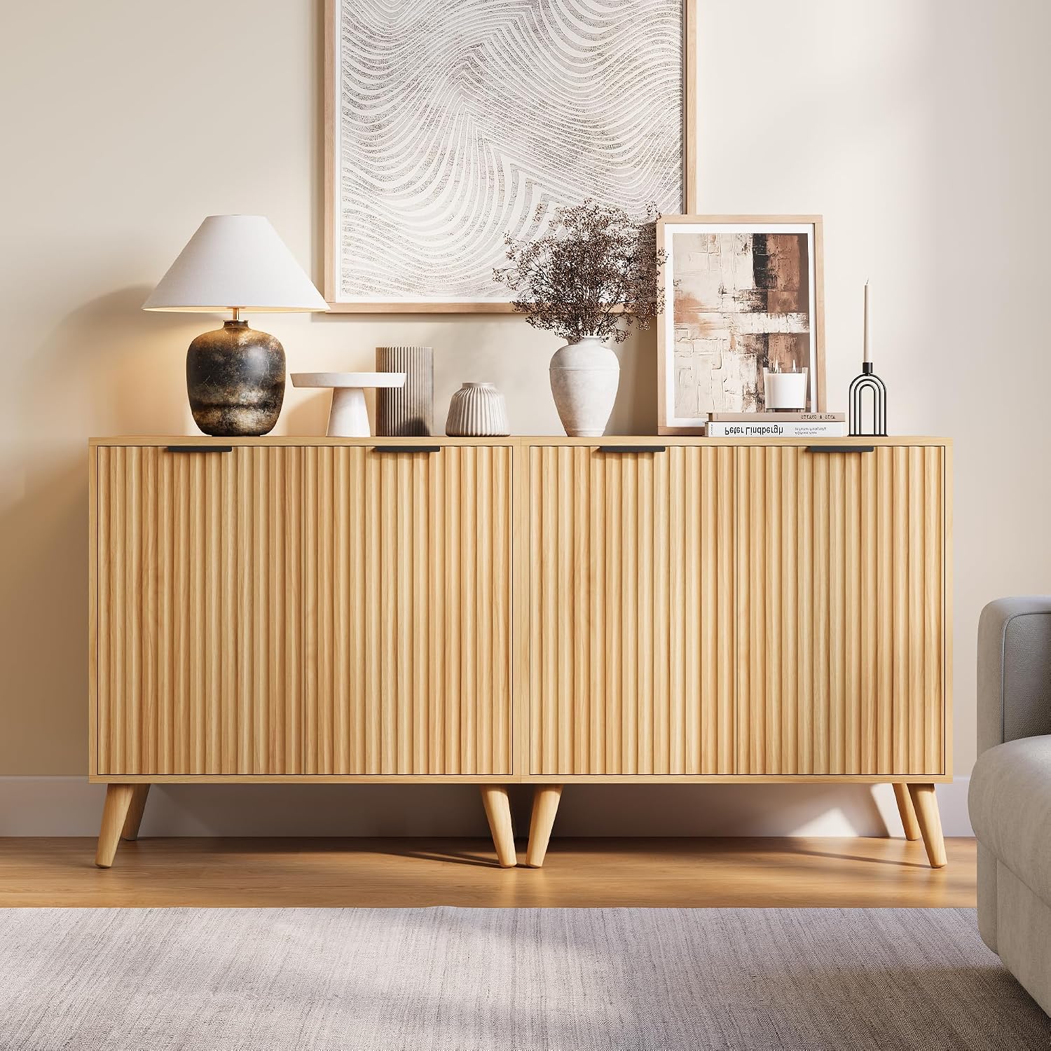 Fluted Sideboard Buffet Cabinet with Storage, 2 Doors Modern Sideboard Cabinet for Living Room, Wood Coffee Bar Cabinets with Adjustable Shelves Accent Credenza for Kitchen, Entryway, Natural