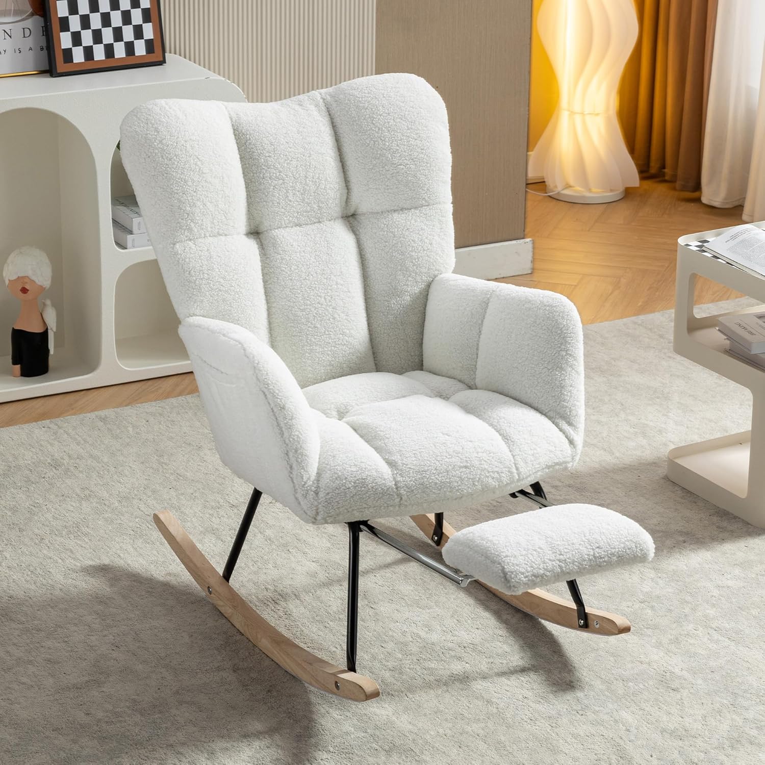 Modern Nursery Rocking Chair Teddy Upholstered, Comfy Glider Rocker with Retractable Footrest Armchair Padded Seat Reading Chair, Accent Side Chair for Living Room Bedroom Offices (Ivory-2)