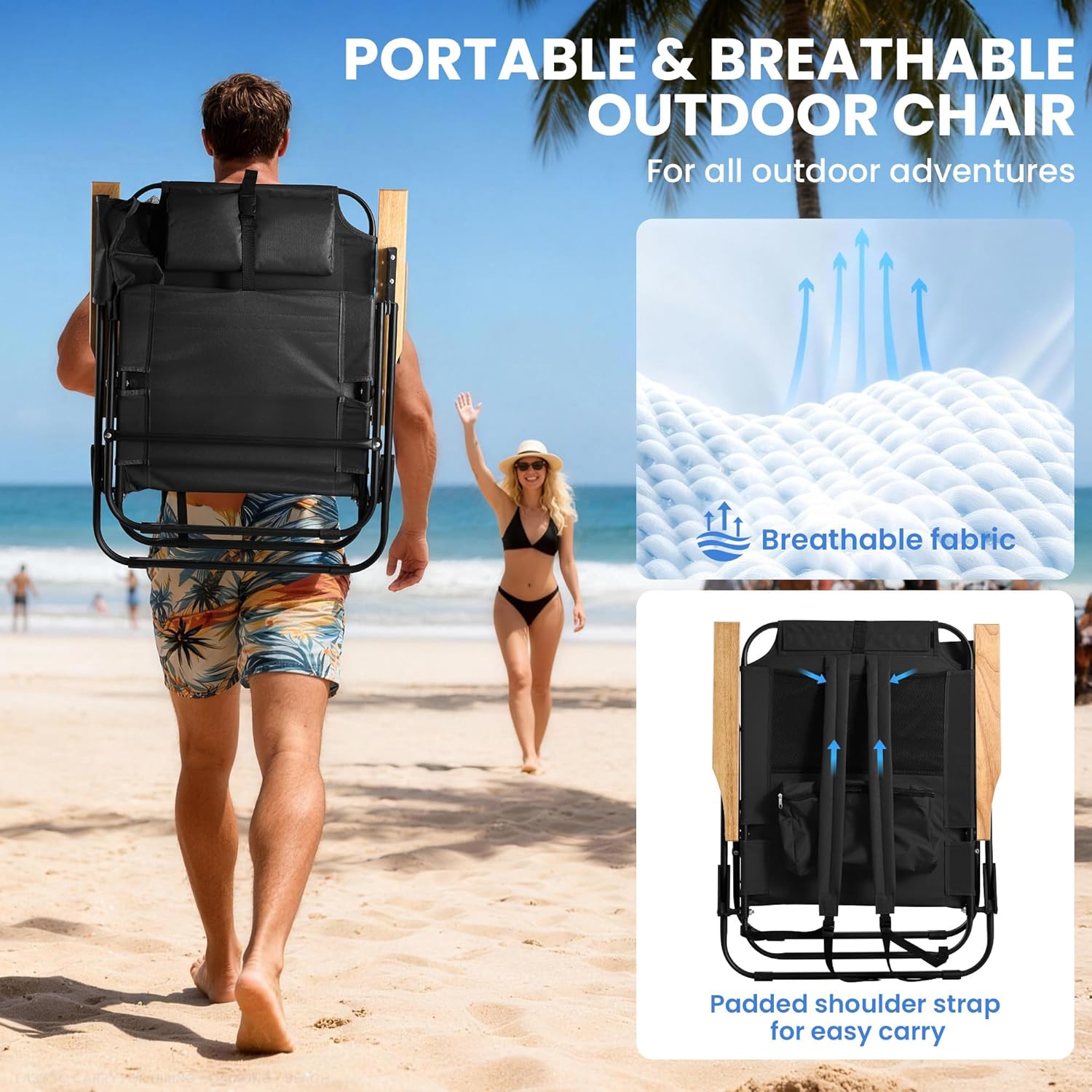 Premium Portable Camping Chair 5-Position Recliner Beach Folding Lightweight Outdoor Chair with Wooden Armrests, Headrest, Multi-Pockets Heavy Duty 350lbs, for Patio, Backyard, Black