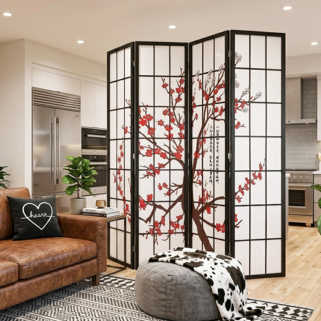 Room Divider,4 Panel Folding Privacy Divider Portable Room Separating Dividers Asian-Style Screen Wall Wood Dividers Tall Freestanding Partition Screen w/Floral Patterned