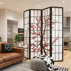 Room Divider,4 Panel Folding Privacy Divider Portable Room Separating Dividers Asian-Style Screen Wall Wood Dividers Tall Freestanding Partition Screen w/Floral Patterned