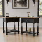 Furniture of America Narella Modern Farmhouse Solid Wood End Tables Set of 2, Bedside Nightstand with Drawer, Shelf and USB Ports, Wooden Night Stand for Bedroom, Dorm, Black/Rustic Oak