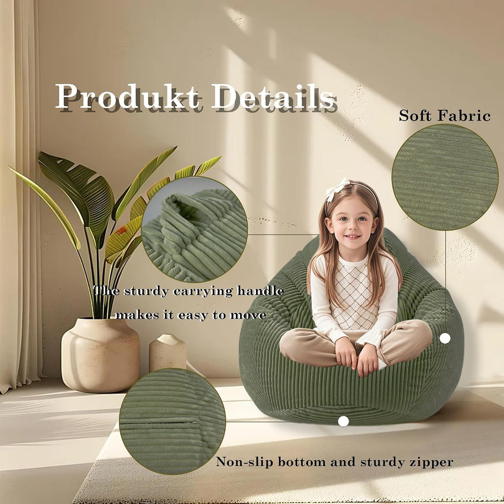 LPMOERA Soft Corduroy Kids Bean Bag Chair with Memory Foam Filling Green