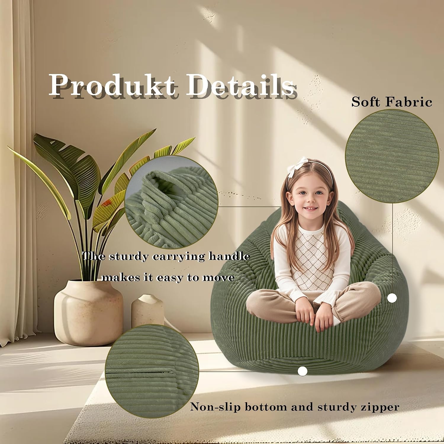 LPMOERA Soft Corduroy Kids Bean Bag Chair with Memory Foam Filling Green