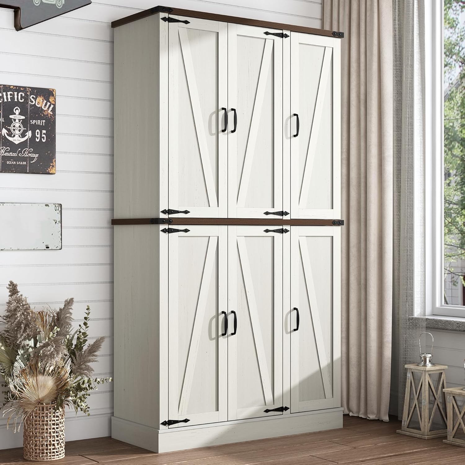 chartustriable 71in Farmhouse Kitchen Pantry Cabinet,Freestanding Tall Storage Cabinet with 6 Barn Doors,Organizer,Rustic Wood Storage Cabinets for Kitchen,Dining Room,Bathroom(White)