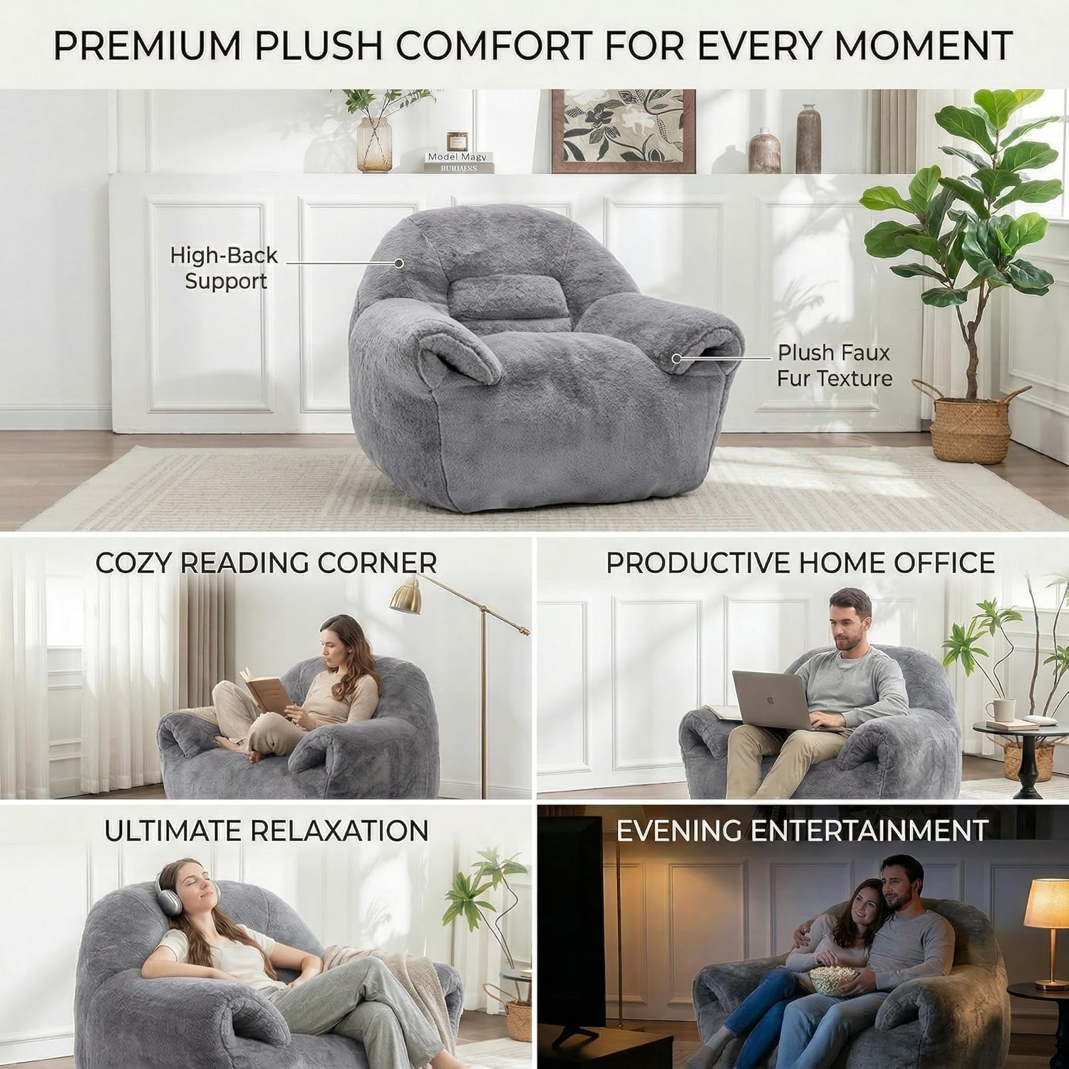 Bean Bag Chair for Adults and Childs with Armrests, High Back Supportive Plush Lounge, Oversized Faux Fur Floor Sofa for Living Room, Bedroom and Dorm (Dark Gray)