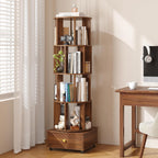 4 Tier Wood Rotating Bookshelf, 360° Spinning Bookshelf Tower with Lockable Wheels, Round Revolving Bookcase for Bedroom, Small Space, Corner, Office, Reading Nooks, Hallways, Walnut