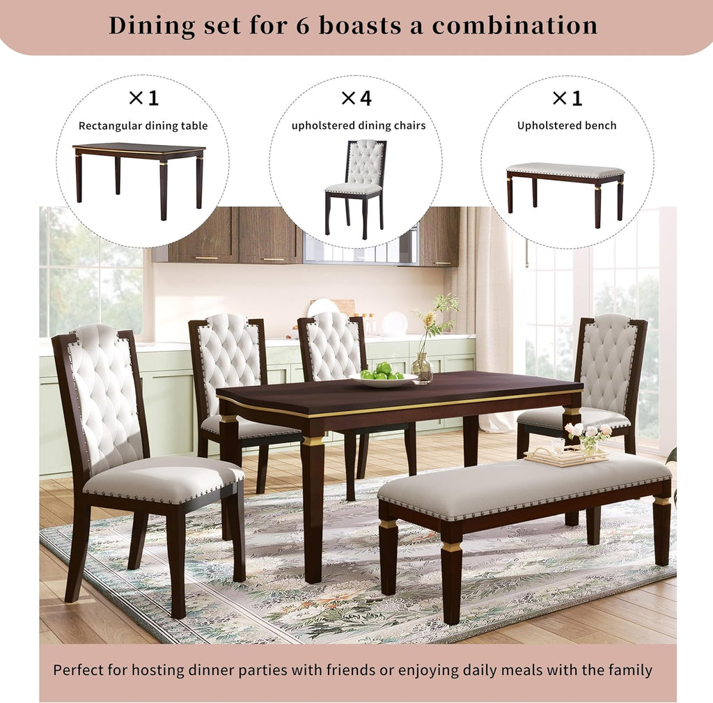 Merax 6-Piece Solid Wood Dining Table Set, Modern Elegant 60" Rectangular with 4 High-Back Tufted Upholstered Chairs + 1 Bench for Kitchen Room, Espresso