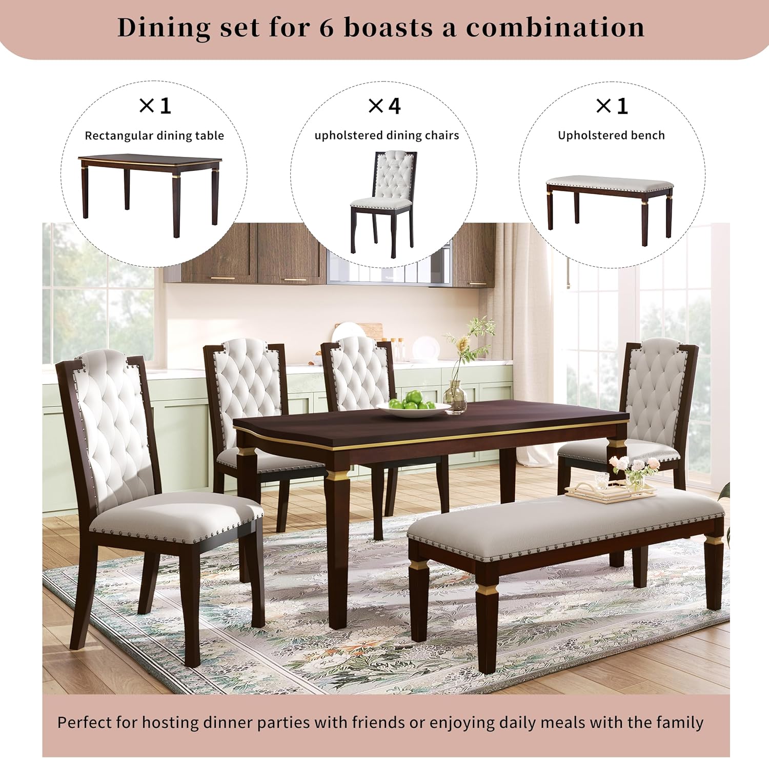 Merax 6-Piece Solid Wood Dining Table Set, Modern Elegant 60" Rectangular with 4 High-Back Tufted Upholstered Chairs + 1 Bench for Kitchen Room, Espresso