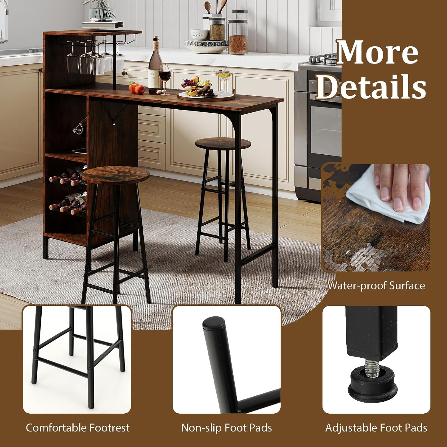 COSTWAY 3 Pieces Bar Table and Chair Set, Industrial Pub Table & Stools with Wine Glass Holders & 6-Bottle Wine Racks, Counter Height Dining Table Set for Living Room Dining Room Kitchen (Coffee)