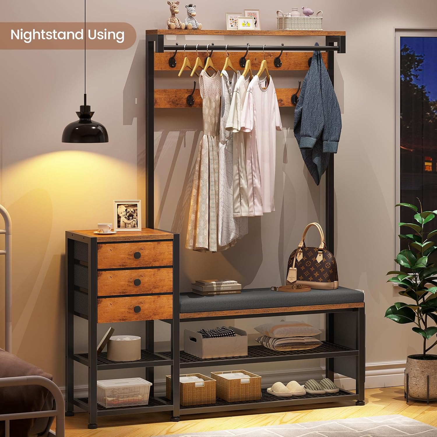 Entryway Hall Tree with Bench, Shoe Storage, Soft Cushion, 3 Fabric Drawers and Storage Bag, 7-in-1 Coat Rack for Hallway, Rustic Brown