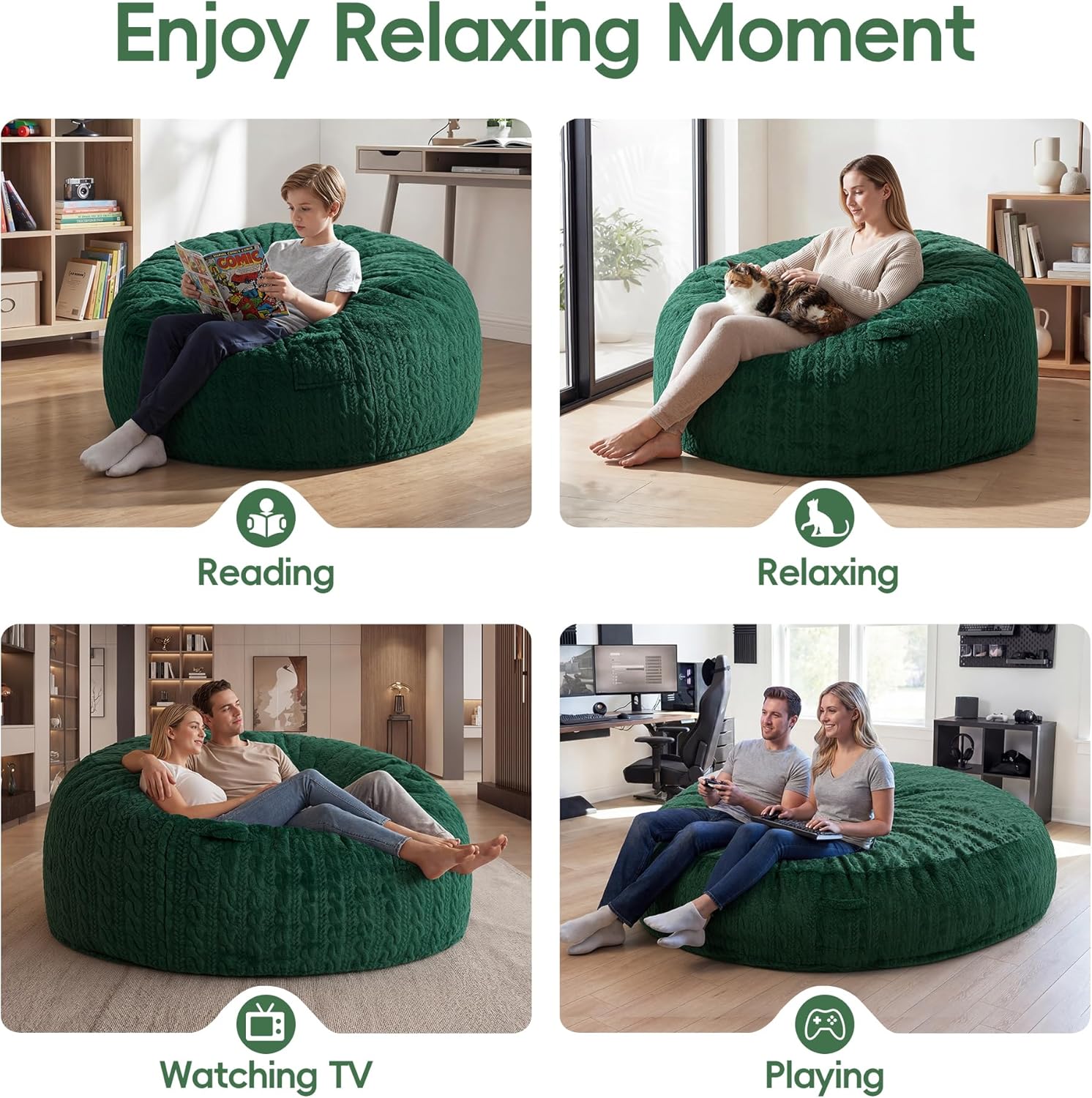 4FT Bean Bag Chair Large Beanbag Chairs for Adults with Memory Foam Removable Cover Luxurious Braided Fabric, Adult Bean Bag Chairs for Living Room Bedroom Gaming Dorm Office（Green,4FT-44"*44"*24"）