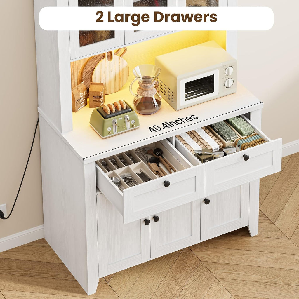 GAOMON 66" Tall Kitchen Pantry Cabinet, Modern Kitchen Hutch with Charging Station, Large Coffee Bar Storage Cabinet with Glass Doors and Drawers, White