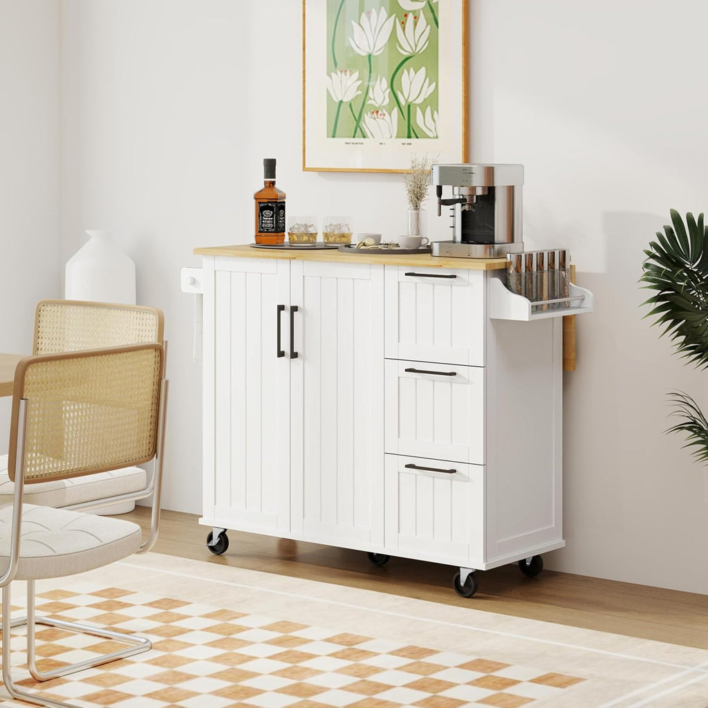 Yaheetech Kitchen Island Cart with Drop Leaf, Kitchen Breakfast Bar on 5 Universal Wheels with Storage Cabinet, Rubberwood Top, 3 Drawers, Spice Rack for Dining Room, 49W x 29.5D x 36H, White