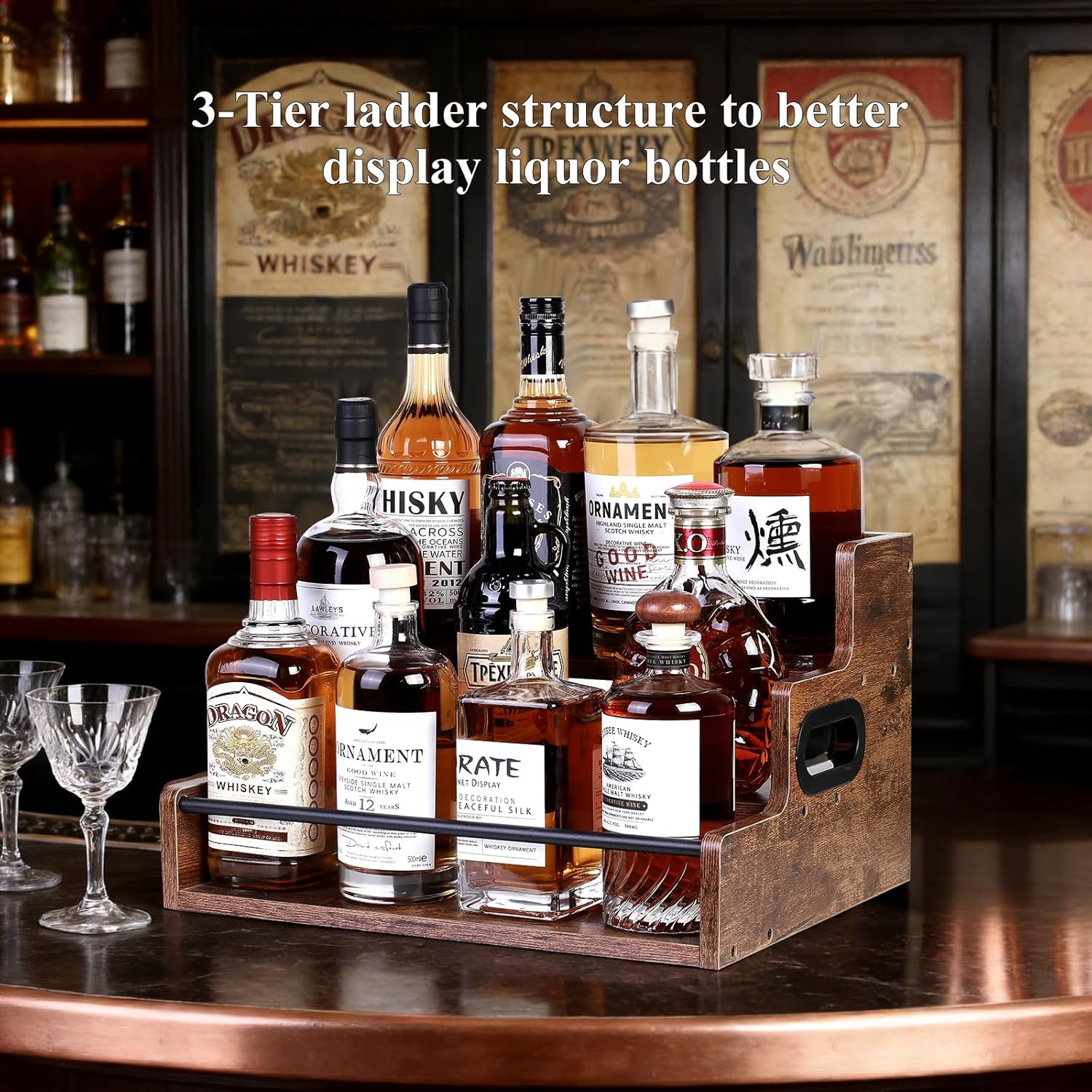 Bottle Display Shelf, Coffee Syrup Rack Organizer, 3 Step Countertop Liquor Wine Rack, mini bar,Liquor Cabinet, Home Retro Bar Shelf Stand for Liquor Whiskey, Spirits (3 Tier)