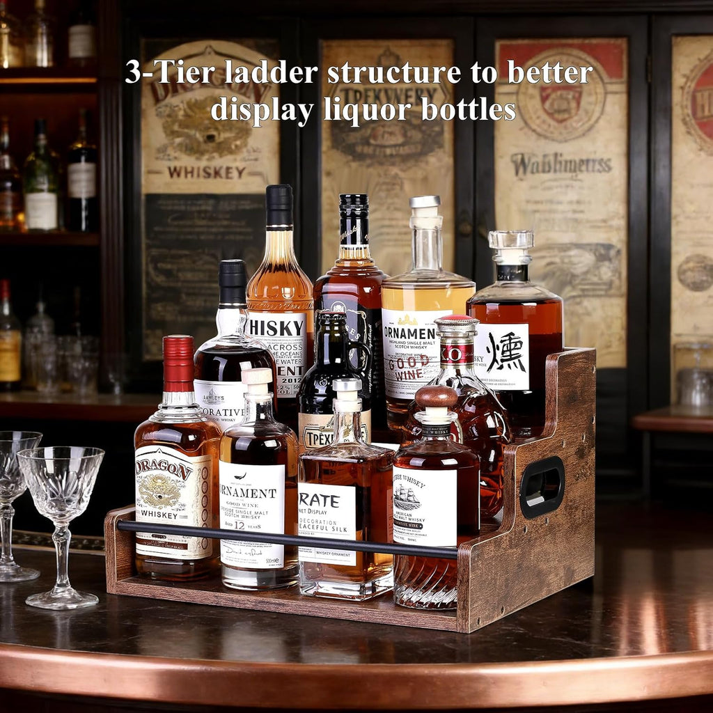 Bottle Display Shelf, Coffee Syrup Rack Organizer, 3 Step Countertop Liquor Wine Rack, mini bar,Liquor Cabinet, Home Retro Bar Shelf Stand for Liquor Whiskey, Spirits (3 Tier)