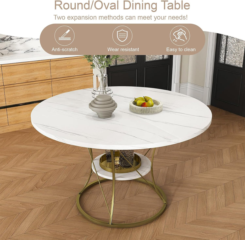 43"-59" Extendable Round Dining Table for 4-6, Modern Kitchen Table with Storage Shelf, Marble Veneer Top & Gold Metal Base Dining Room Table for Apartment