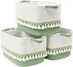 2 Pack Storage Basket, Heavy Tassel Woven Baskets for Storage, Boho Cotton Rope Storage Bin, Cube Organizer Bins, Baby Laundry Basket for Clothes, Toys, Diapers, Pets（White & Green）