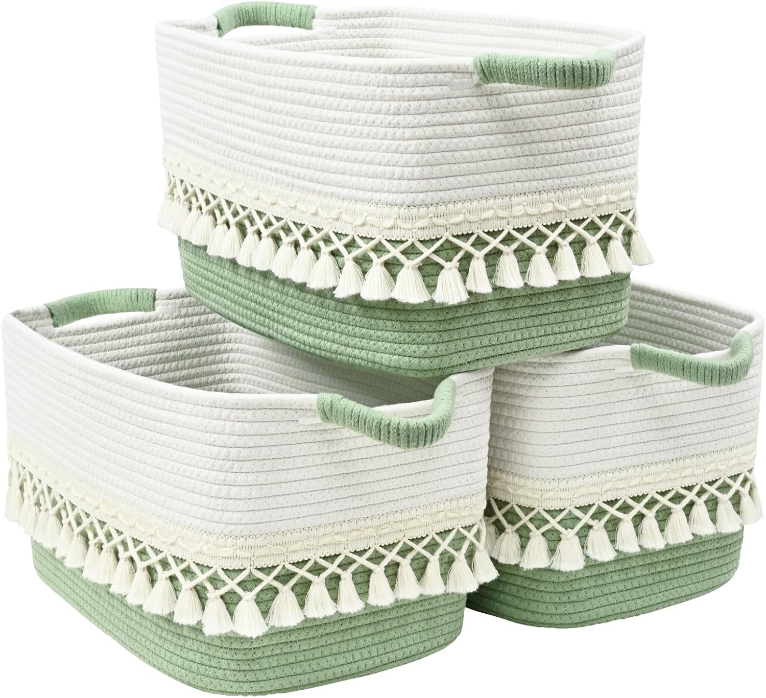 2 Pack Storage Basket, Heavy Tassel Woven Baskets for Storage, Boho Cotton Rope Storage Bin, Cube Organizer Bins, Baby Laundry Basket for Clothes, Toys, Diapers, Pets（White & Green）