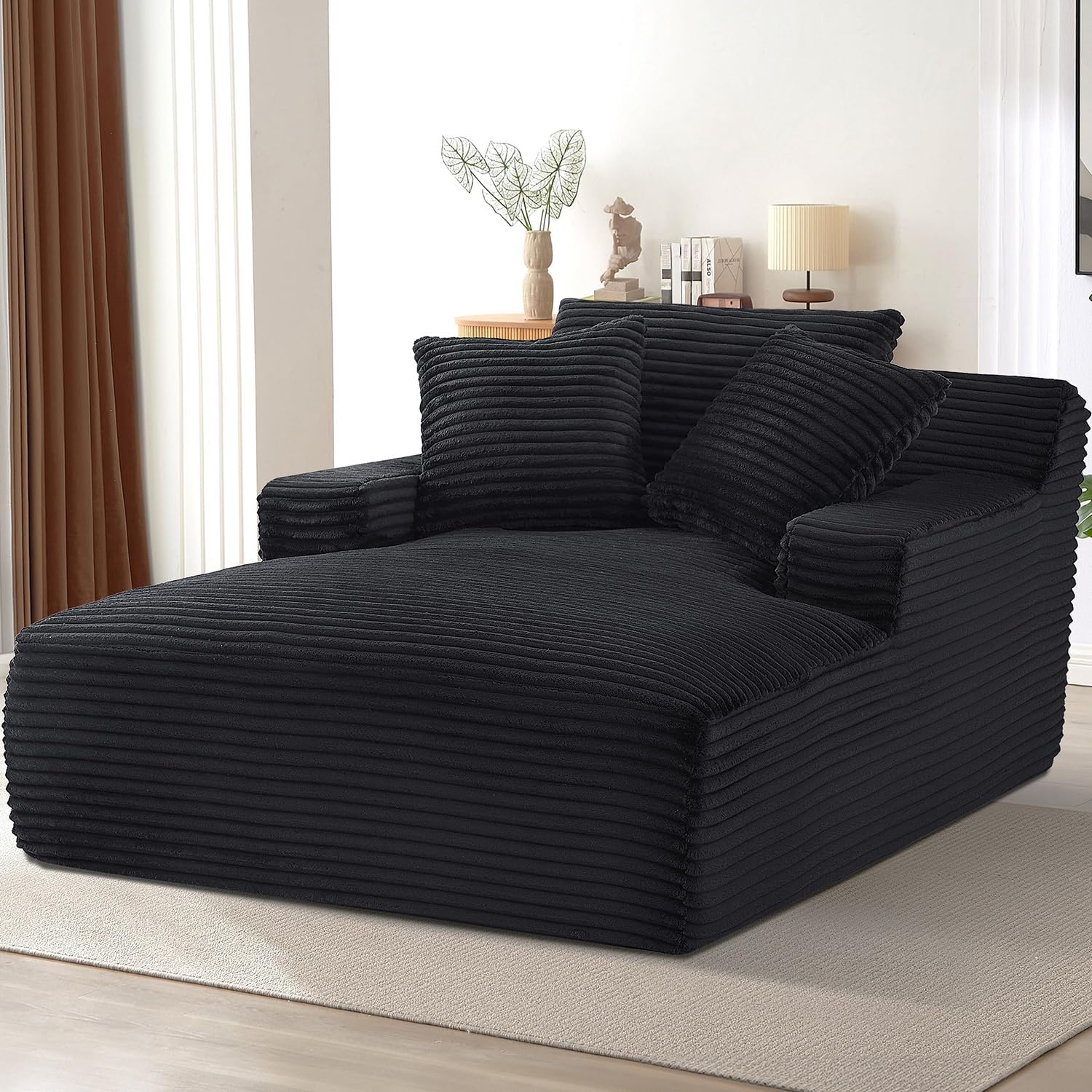 Avenix 66" Oversized Boneless Chaise Lounge Chair Indoor, Cloud Corduroy Reading Chair Deep Seat Sofa Couch Bed with 3 Pillows for Living Room, No Assembly Required, Black