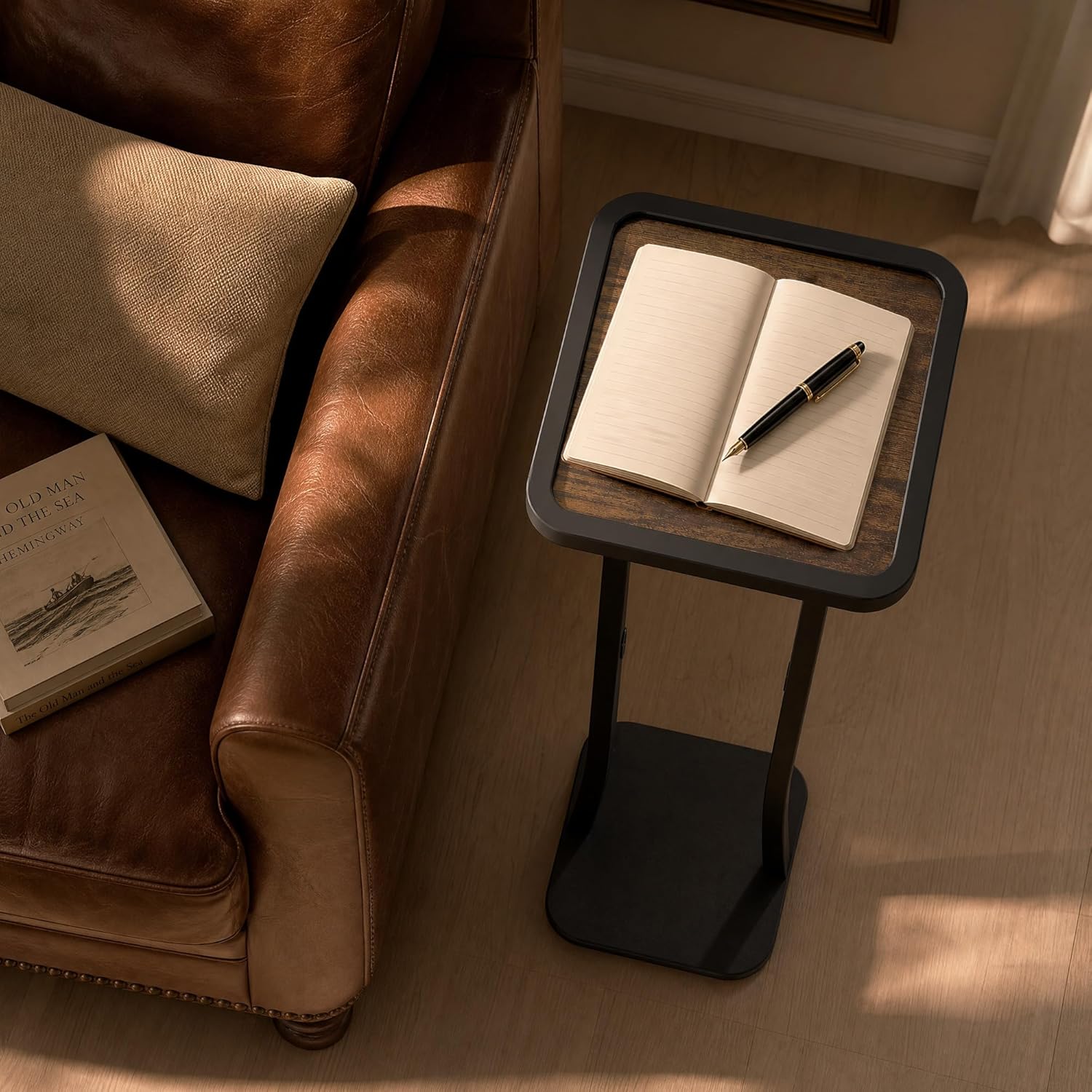 Small Square Side Table, Drink Table with Weighted Base, Solid Wood & Metal Accent Table for Small Spaces, Pedestal End Table for Living Room, Bedroom, Office(Black + Walnut)
