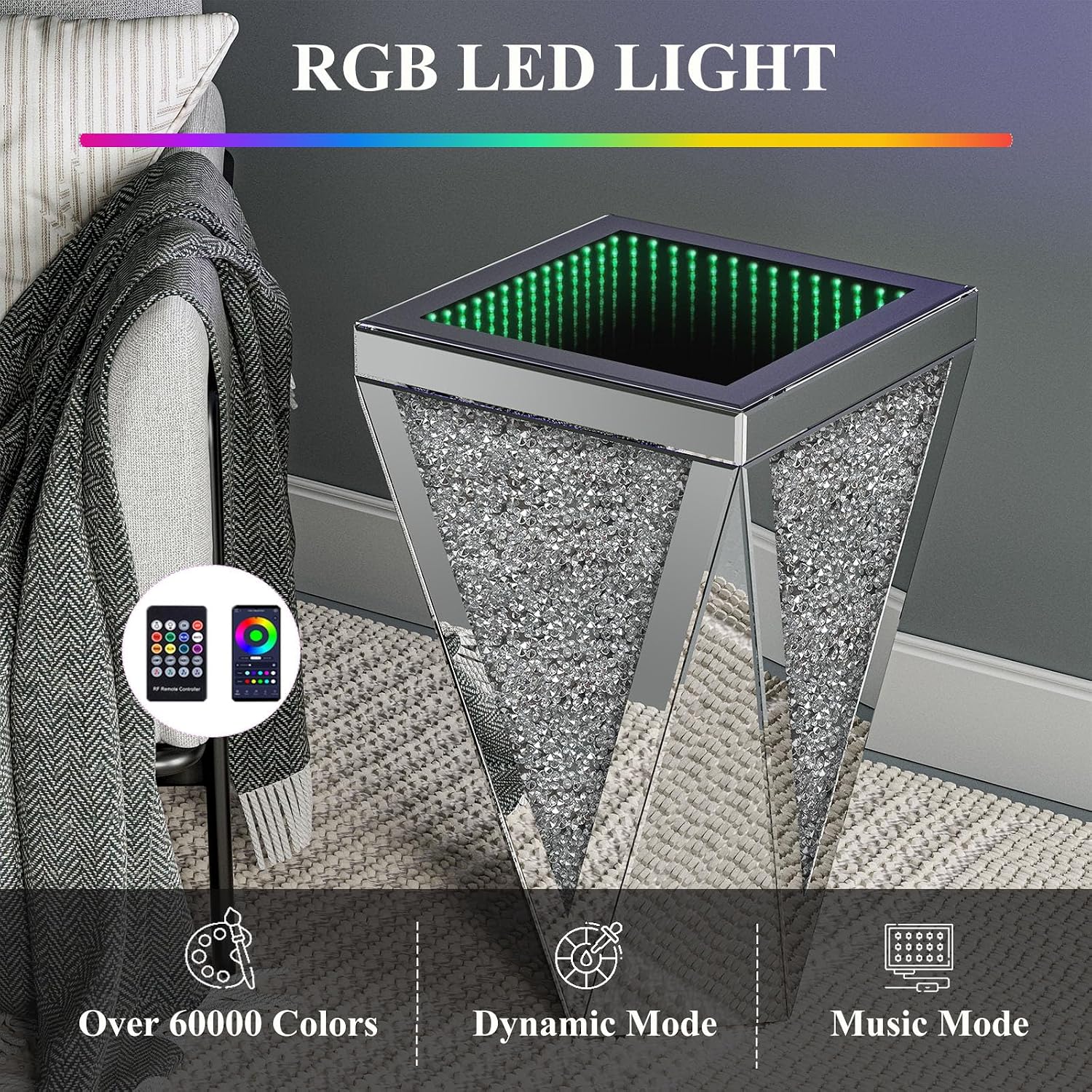 IKIFLY Set of 2 Mirrored End Table with Infinity Lights, Silver Nightstand with Crushed Diamond, Modern Side Table for Office Living Room Bedroom (Remote Control Included)